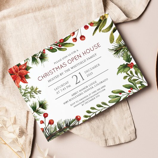 Waterverf Greenery en Berries Holiday Open House Uitnodiging Briefkaart