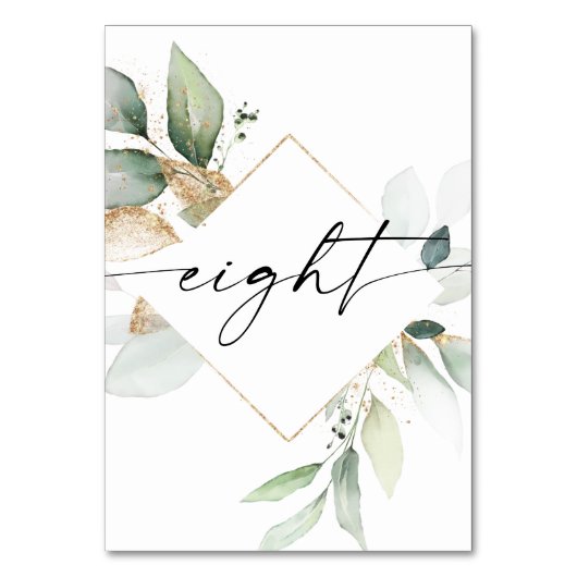 Waterverf Greenery en Gold Table Numbers Acht Kaart (Voorkant)