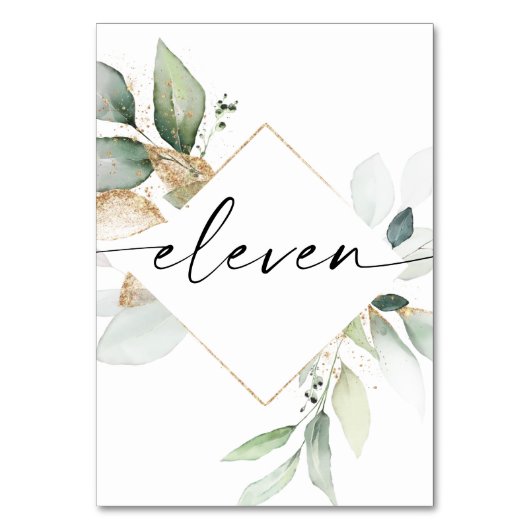 Waterverf Greenery en Gold Table Numbers Eleven Kaart (Voorkant)