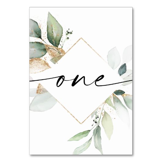 Waterverf Greenery en Gold Table Numbers One Kaart (Achterkant)