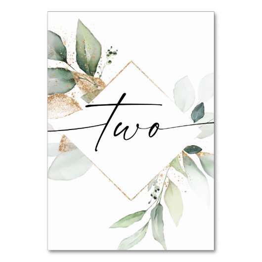 Waterverf Greenery en Gold Table Numbers Twee Kaart (Voorkant)