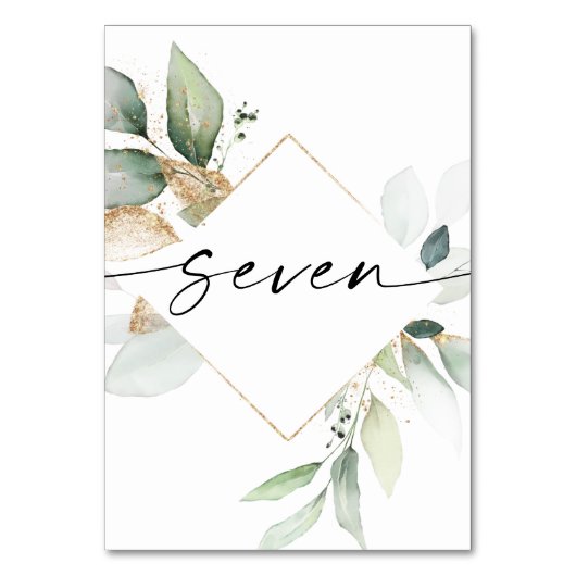 Waterverf Greenery en Gold Table Numbers zeven Kaart (Voorkant)