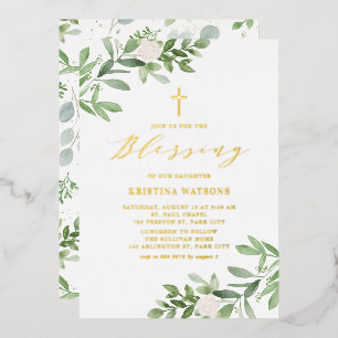 Waterverf Greenery en White Flower Baby Blessing Folie Uitnodiging