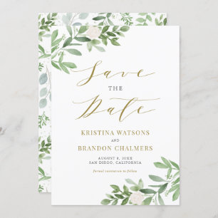 Waterverf Greenery en White Flowers Gold Save The Date