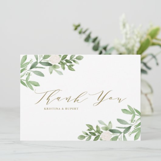 Waterverf Greenery en White Flowers Wedding Bedankkaart (Staand voorkant)