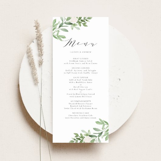 Waterverf Greenery en White Flowers Wedding Menu