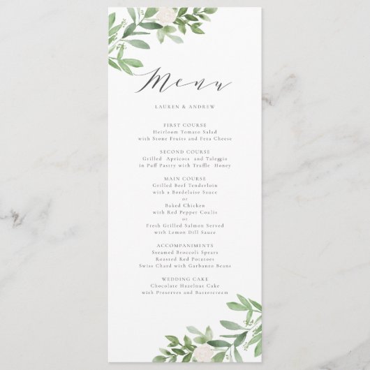 Waterverf Greenery en White Flowers Wedding Menu (Voorkant)