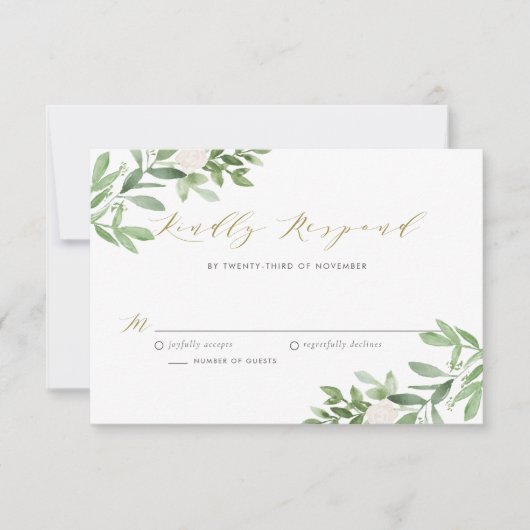Waterverf Greenery en White Flowers Wedding RSVP Kaartje (Voorkant)