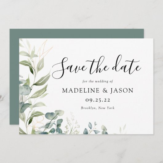 Waterverf Greenery Eucalyptus Gold Wedding Save The Date (Voorkant / Achterkant)