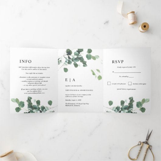 Waterverf Greenery Eucalyptus Leaves Wedding Drieluik Uitnodiging (Binnen)
