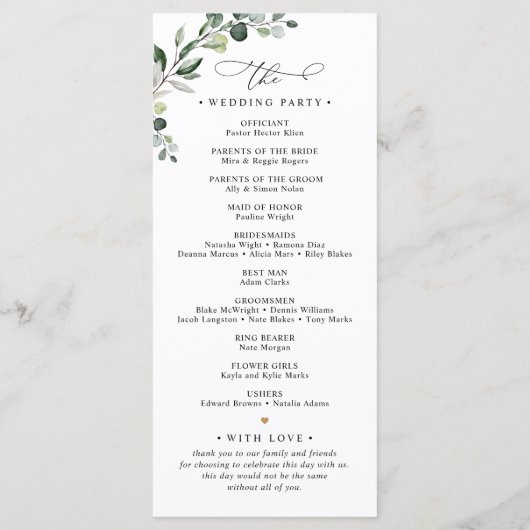 Waterverf Greenery Eucalyptus Wedding Programme Menu (Achterkant)