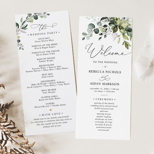 Waterverf Greenery Eucalyptus Wedding Programme Menu