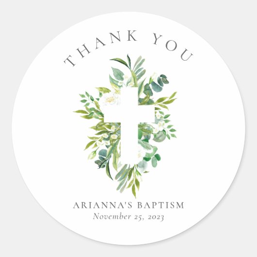 Waterverf Greenery Floral Cross Baptisme Ronde Sticker (Voorkant)