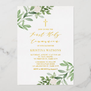 Waterverf Greenery Floral First Heilige Communie Folie Uitnodiging