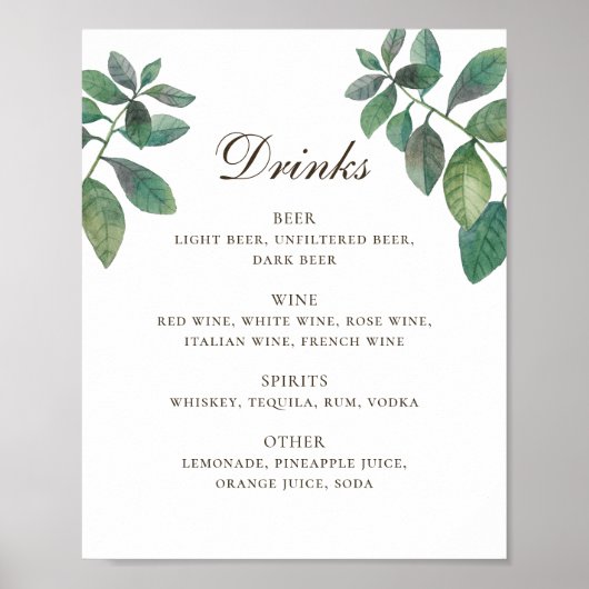 Waterverf greenery foliage bruiloft drink poster (Voorkant)