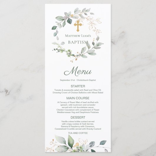 Waterverf Greenery Foliage Cross Baptism Menu (Voorkant)