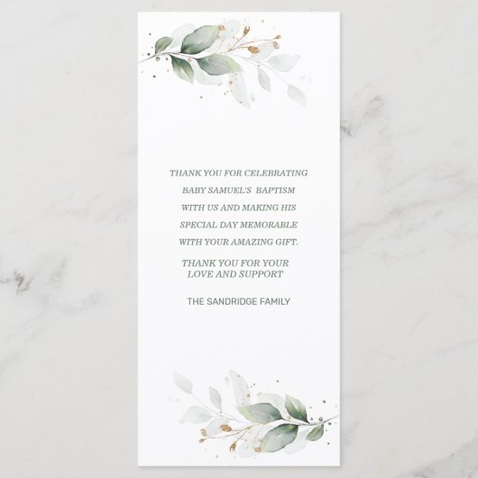 Waterverf Greenery Foliage Cross Baptism Menu (Achterkant)