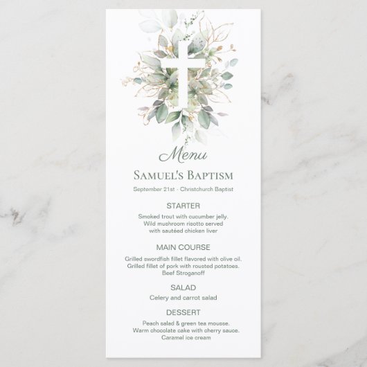 Waterverf Greenery Foliage Cross Baptism Menu (Voorkant)