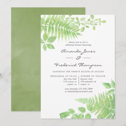 Waterverf Greenery Foliage Rehearsal Dinner Kaart (Voorkant / Achterkant)