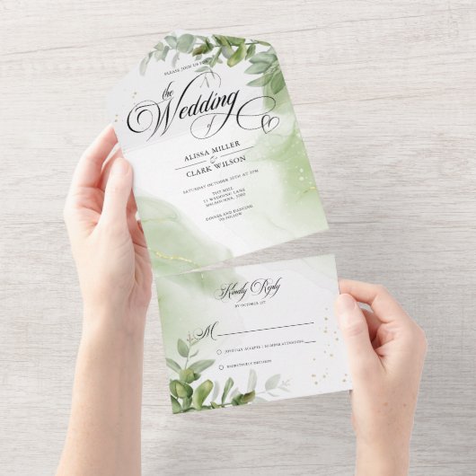 Waterverf Greenery Foliage Wedding All In One Uitnodiging (Afscheurbaar)