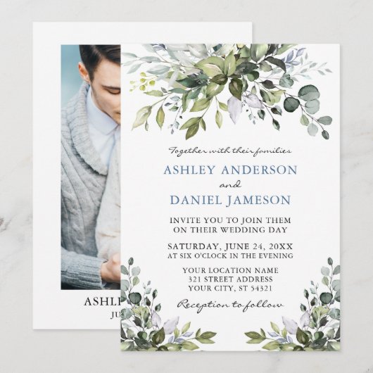 Waterverf Greenery Foto Dusty Blue Wedding Kaart (Voorkant / Achterkant)