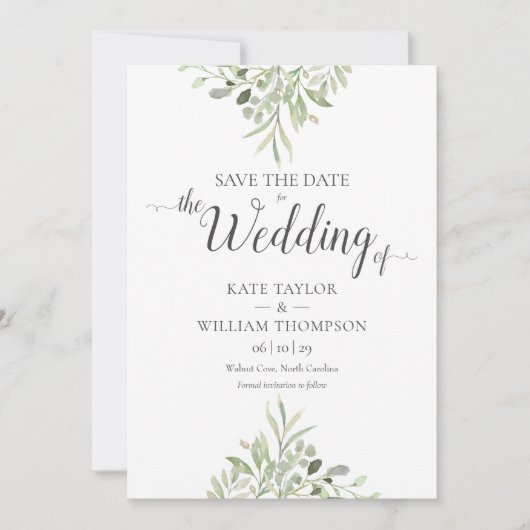 Waterverf Greenery Foto Script Weddenschap Save The Date (Voorkant)