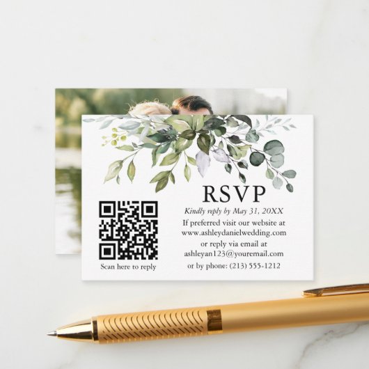 Waterverf Greenery Foto Wedding QR RSVP Informatiekaartje (Voorkant / Achterkant in situ)