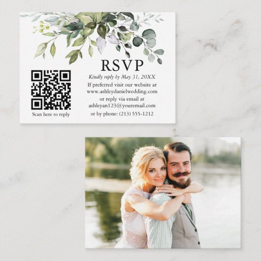 Waterverf Greenery Foto Wedding QR RSVP Informatiekaartje (Voorkant / Achterkant)