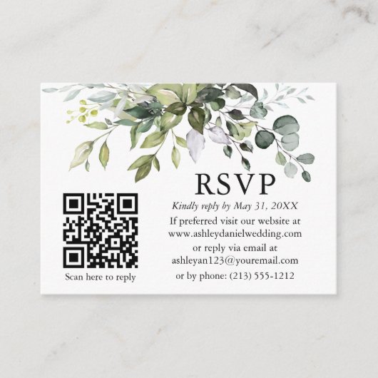 Waterverf Greenery Foto Wedding QR RSVP Informatiekaartje (Voorkant)