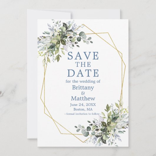 Waterverf Greenery Geometric Lijst Dusty Blue Save The Date (Voorkant)