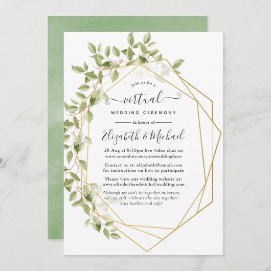 Waterverf Greenery Geometric Virtual Wedding Kaart (Voorkant / Achterkant)