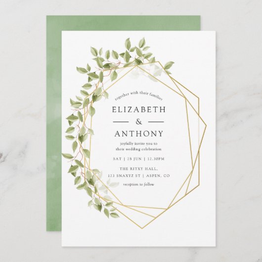 Waterverf Greenery Geometric Wedding Uitnodiging (Voorkant / Achterkant)
