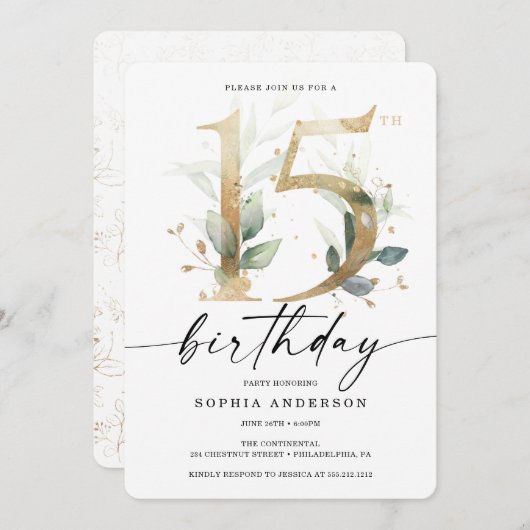 Waterverf Greenery Gold 15e verjaardag Kaart (Voorkant / Achterkant)