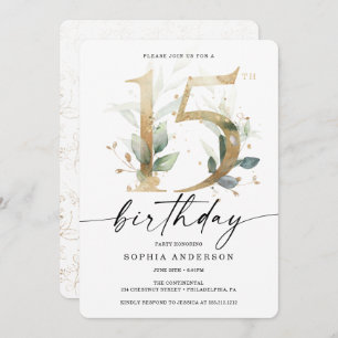 Waterverf Greenery Gold 15e verjaardag Kaart