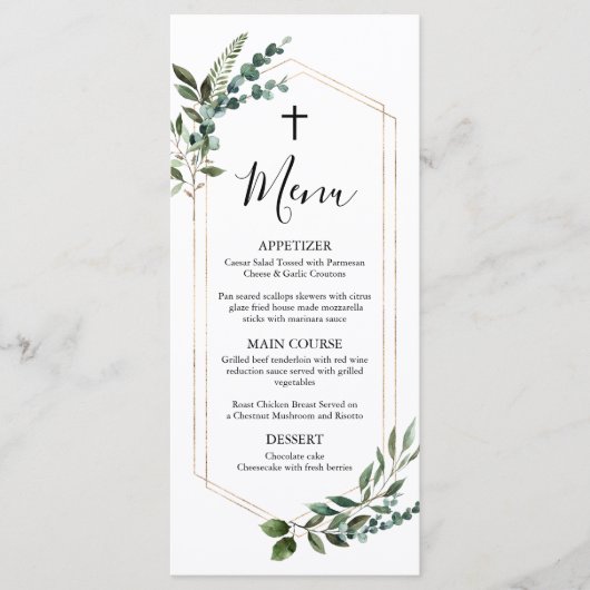 Waterverf Greenery Gold Cross Baptism Menu (Voorkant)