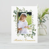 Waterverf Greenery Gold First Communifoto Kaart (Staand voorkant)