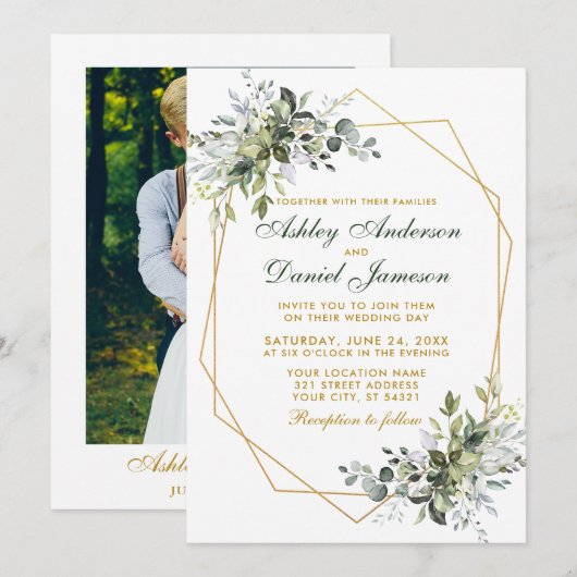 Waterverf Greenery Gold Geo Lijst Foto bruiloft Kaart (Voorkant / Achterkant)