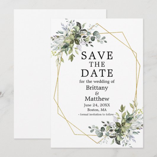 Waterverf Greenery Gold Geometric Lijst Save The Date (Voorkant / Achterkant)