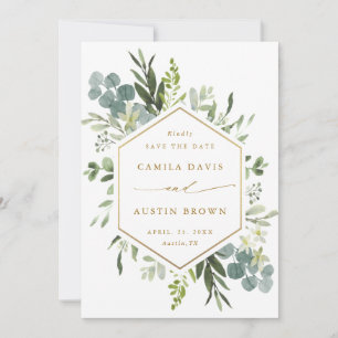 Waterverf Greenery Gold Hexagon Wedding Foto  Save The Date