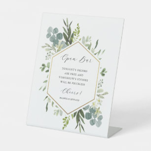 Waterverf Greenery Gold Hexagon Wedding Open Bar Reclamebord Met Voetstuk