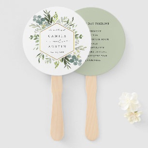 Waterverf Greenery Gold Hexagon Wedding Tijdschema Handwaaier