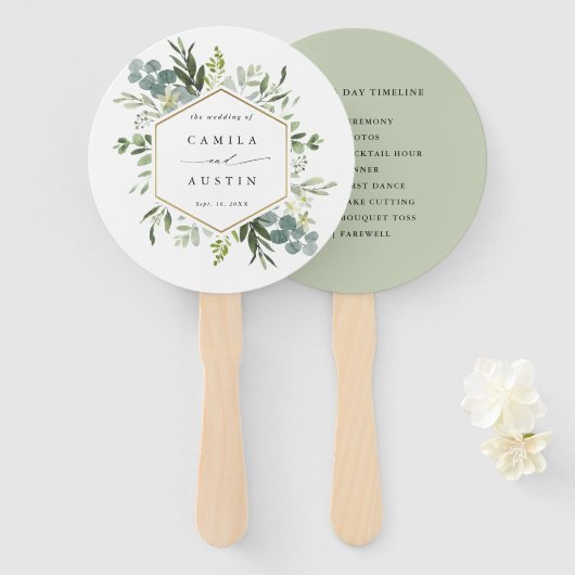 Waterverf Greenery Gold Hexagon Wedding Tijdschema Handwaaier (Voorkant en achterkant)
