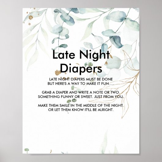 Waterverf Greenery & Gold Late Night Diaper Sign Poster (Voorkant)