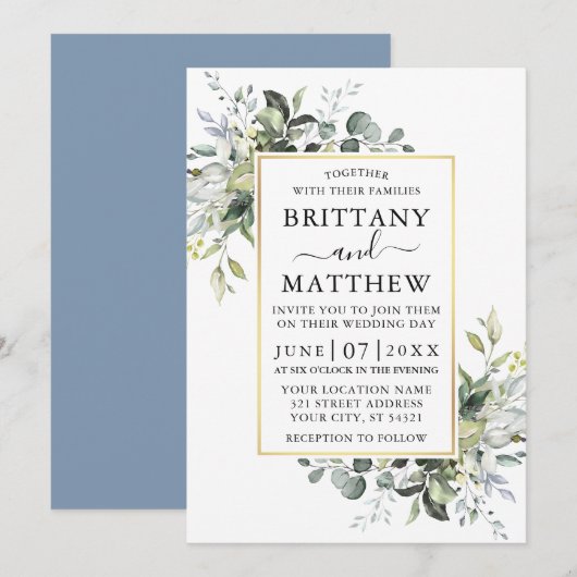 Waterverf Greenery Gold Lijst Dusty Blue Wedding Kaart (Voorkant / Achterkant)