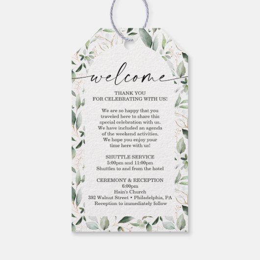 Waterverf Greenery Gold Wedding Guest Bag Welkom Cadeaulabel (Achterkant)