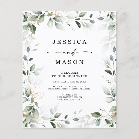 Waterverf Greenery Gold Wedding Program Budget Flyer (Voorkant)