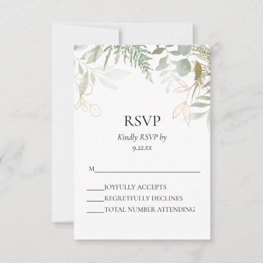 Waterverf Greenery Gold Wedding RSVP Kaart (Voorkant)