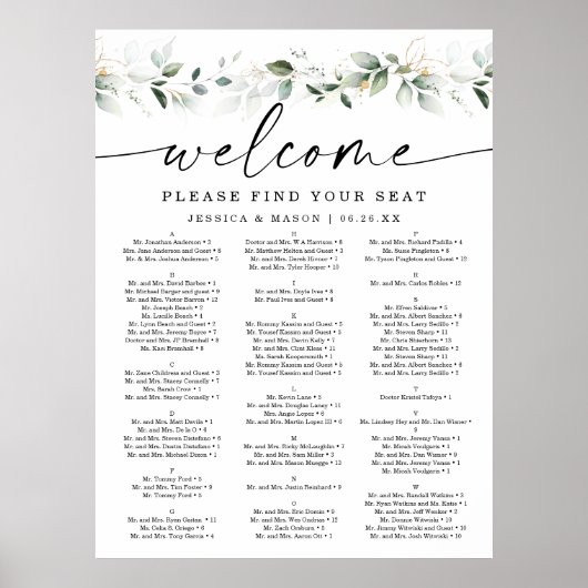 Waterverf Greenery Gold Wedding Seating Chart Poster (Voorkant)