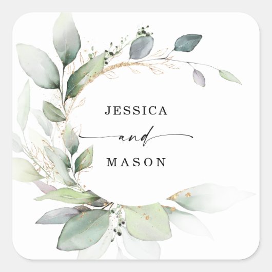 Waterverf Greenery Gold Wedding Vierkante Sticker (Voorkant)