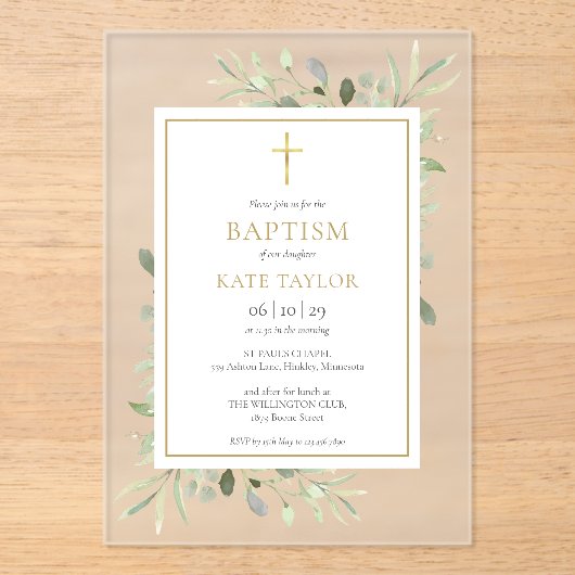 Waterverf Greenery Gouden doop doop doop Acryl Uitnodigingen (Voorkant)